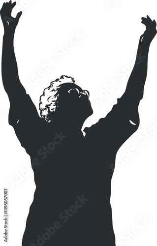 Silhouette of a person with raised arms expressing joy and celebration isolated on white background