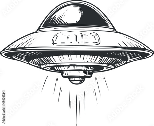 Black and white hand-drawn illustration of a flying saucer UFO with beam of light below hovering