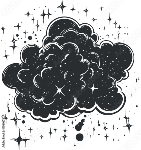 Black and white illustration of a fluffy cloud surrounded by twinkling stars and cosmic elements