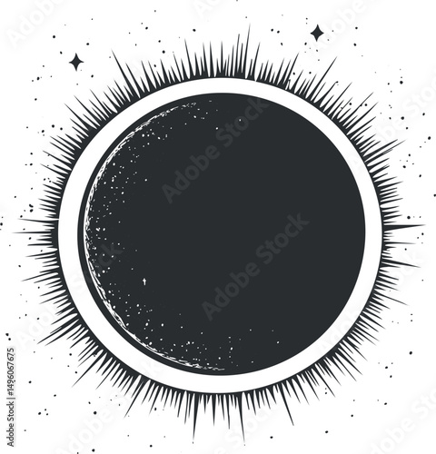 Black and white artistic illustration of a solar eclipse showing moon covering the sun with radiant light rays