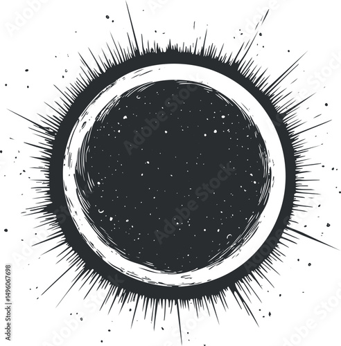 Black and white artistic illustration of a solar eclipse with glowing sun rays and dark moon silhouette