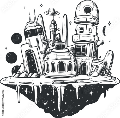 Black and white sketch illustration of a futuristic floating space colony with domes and buildings in outer space