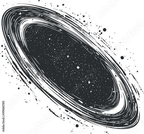 Black and white illustration of a swirling galaxy with stars and cosmic dust in outer space