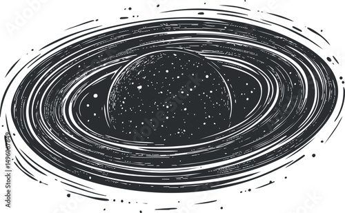 Black and white illustration of a ringed planet with stars in space, symbolizing cosmic astronomy and planetary orbit.