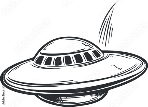 Black and white sketch illustration of a classic flying saucer UFO hovering in space