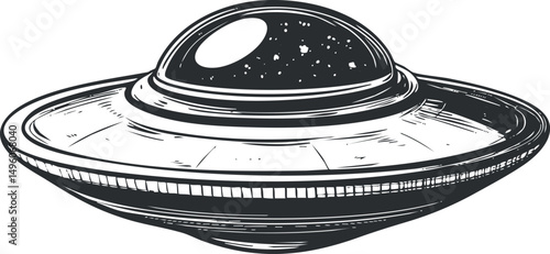 Black and white illustration of a classic flying saucer UFO spaceship in a sketch style
