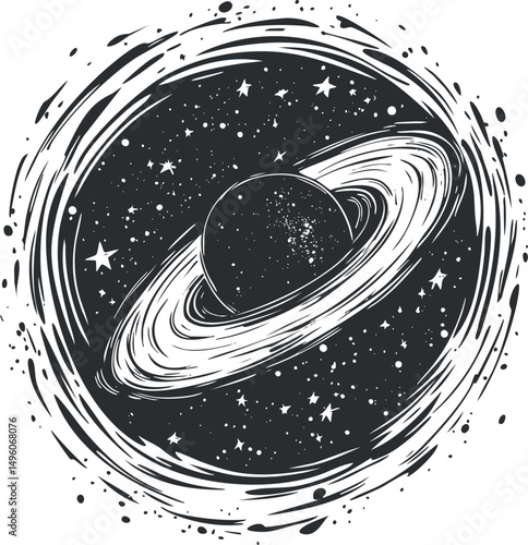 Black and white sketch illustration of a ringed planet surrounded by stars in outer space