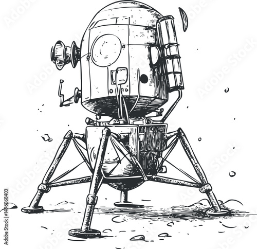 Black and white sketch of a lunar lander spacecraft on a rocky surface for space exploration