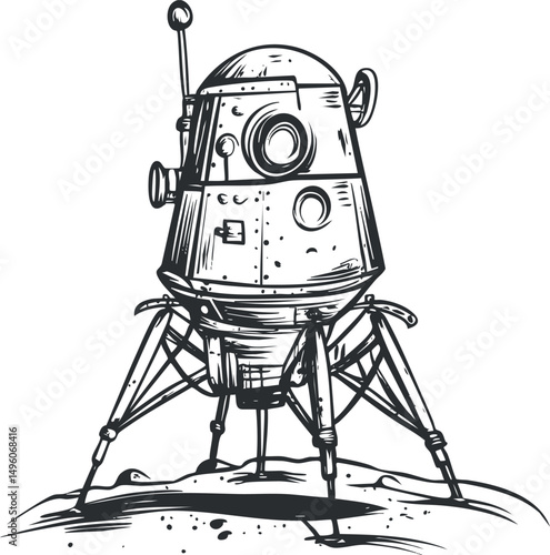 Black and white sketch of a spacecraft lander on a rocky surface representing space exploration and technology.