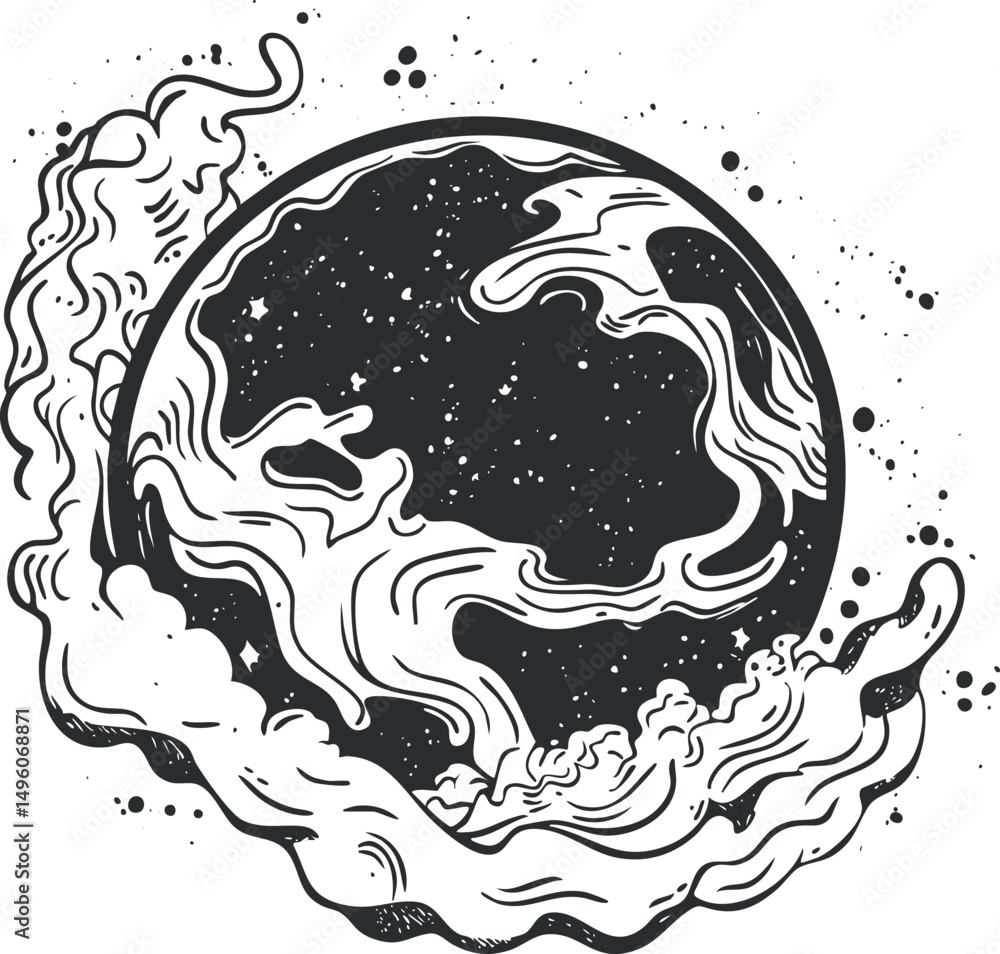 Obraz premium Black and white artistic illustration of a planet surrounded by swirling cosmic smoke and stars