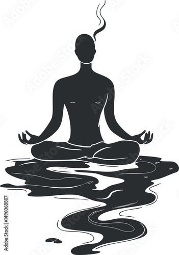 Black silhouette of a person in lotus pose meditating with flowing smoke or energy beneath on white background