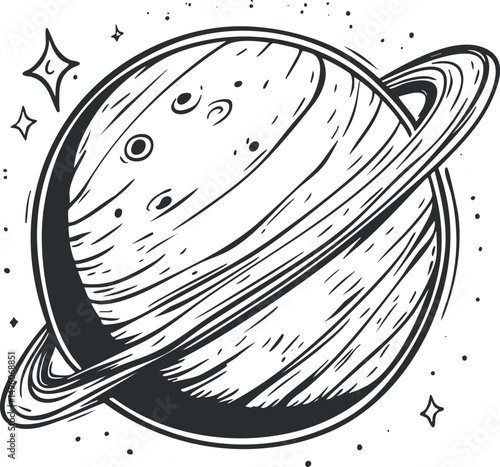 Black and white hand-drawn illustration of a ringed planet resembling Saturn in outer space with stars