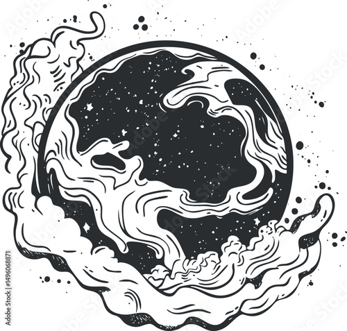 Black and white artistic illustration of a planet surrounded by swirling cosmic smoke and stars