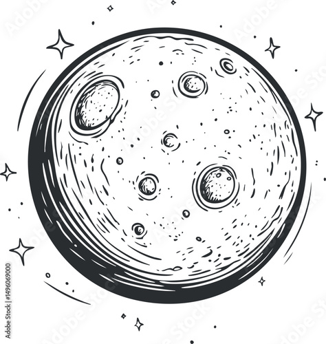 Black and white illustration of the moon showing craters and celestial details in space
