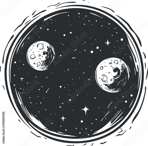 Black and white hand-drawn illustration of space with two moons, stars, and cosmic elements in circular frame.