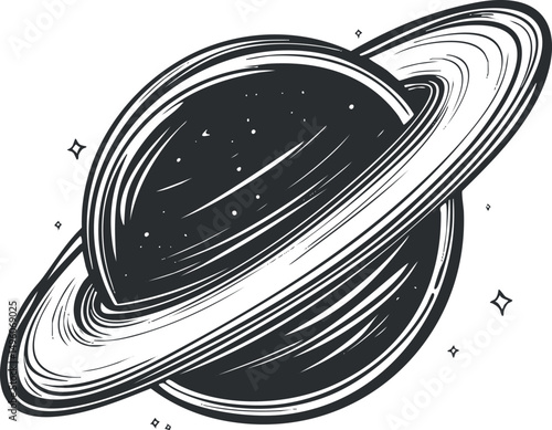 Black and white illustration of a ringed planet resembling Saturn with surrounding stars in space