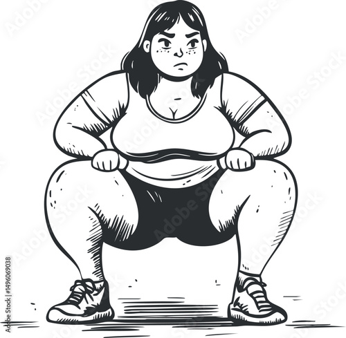 Black and white illustration of a determined woman performing a squat exercise for fitness and strength training