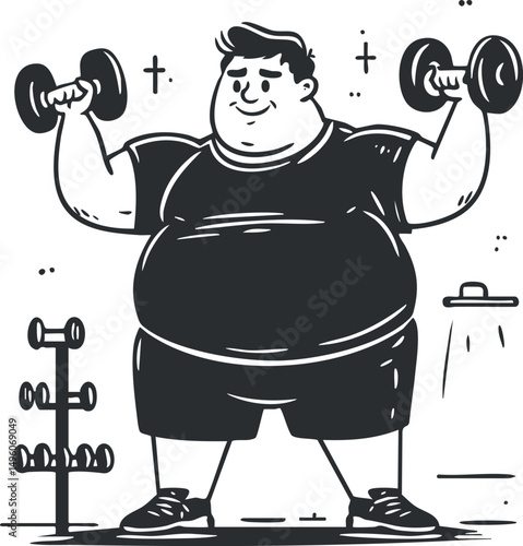 Illustration of an overweight man lifting dumbbells in a gym for strength training and fitness