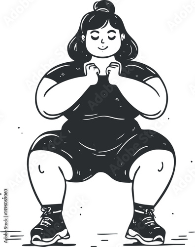 Illustration of a woman performing a squat exercise in athletic clothing demonstrating fitness and strength