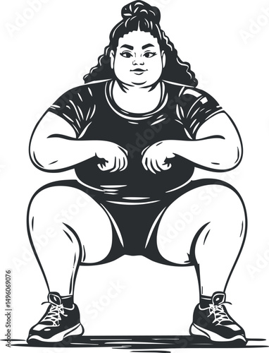 Illustration of a woman performing a squat exercise wearing workout clothes and sneakers