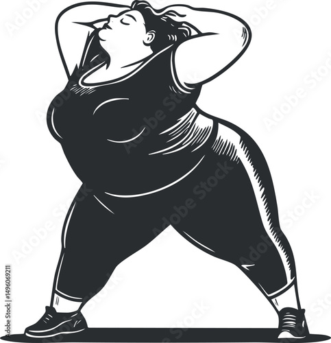 Black and white illustration of a confident plus size woman stretching in activewear promoting fitness and body positivity.