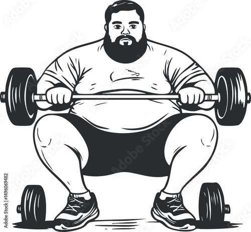 Illustration of a bearded man performing a squat lift with a heavy barbell during workout