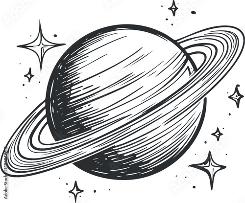 Black and white sketch illustration of a planet with rings surrounded by stars in space