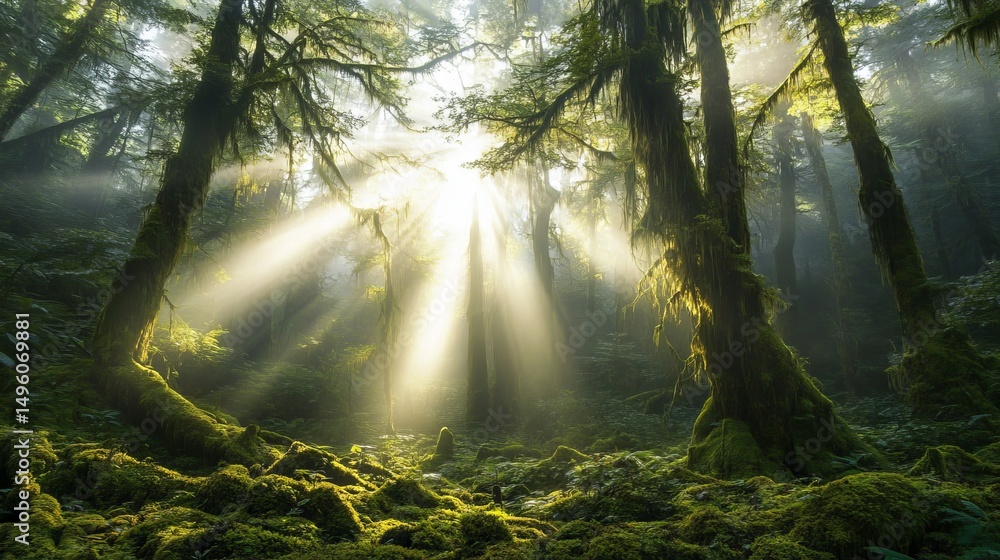Obraz premium Magical Sunbeams Illuminating Lush Mossy Forest Trees Sunlight Beams Mystical Green Nature Scene Tranquil Peaceful Serene Atmosphere Woodland Scenery art eco rays dark 