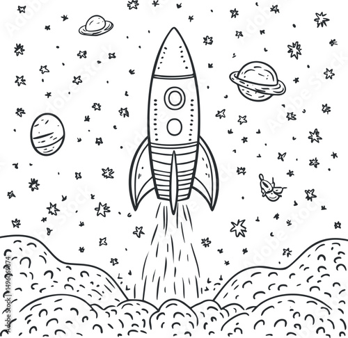 Black and white sketch of a rocket launching into space with stars and planets around it