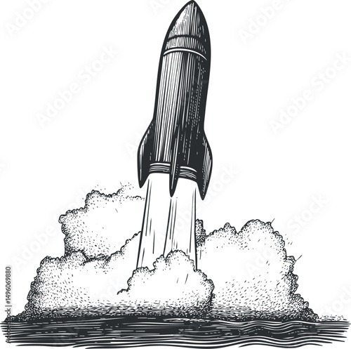 Black and white illustration of a rocket launching with smoke and thrust, symbolizing space exploration and technology.
