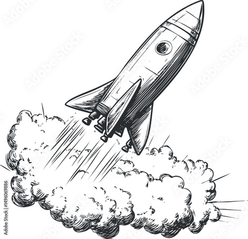 Black and white illustration of a rocket spacecraft launching with smoke and thrust from engines