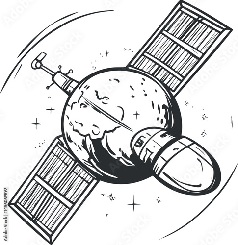 Black and white illustration of a satellite orbiting a planet with solar panels and communication equipment
