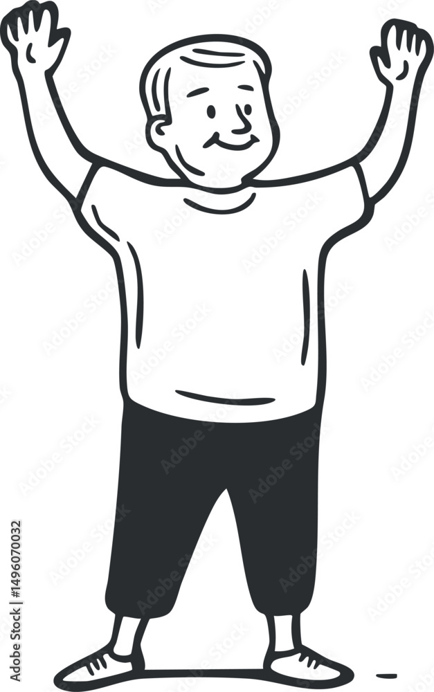 Cartoon illustration of a happy man standing with hands up smiling and expressing joy and celebration Cartoon illustration of a happy man standing with hands up smiling and expressing joy and celebration