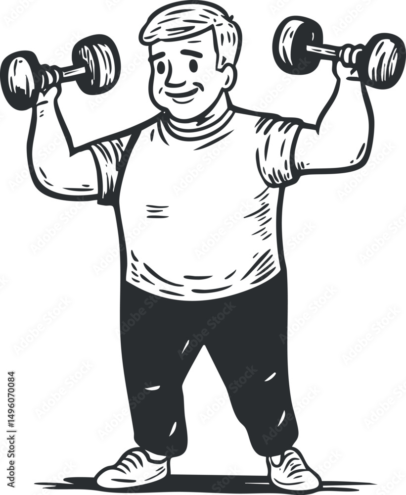 Illustration of a man lifting dumbbells exercising strength and fitness training for health Illustration of a man lifting dumbbells exercising strength and fitness training for health