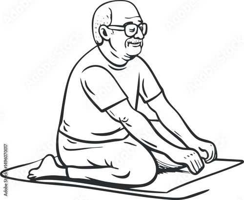 Illustration of an elderly man sitting on his knees on a yoga mat, stretching and relaxing indoors.