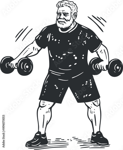 Black and white illustration of a man lifting dumbbells during a strength workout session