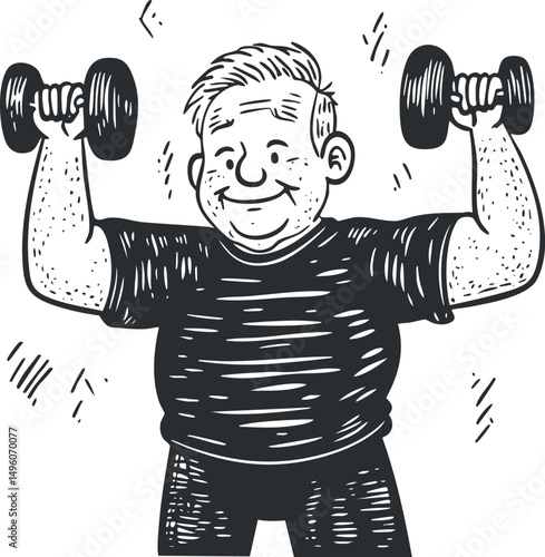 Black and white illustration of a man lifting dumbbells for strength training and fitness