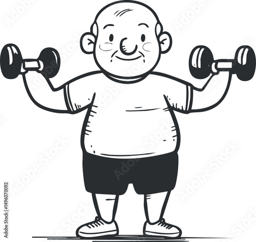 Illustration of an elderly man lifting dumbbells exercising and staying active for senior fitness and health