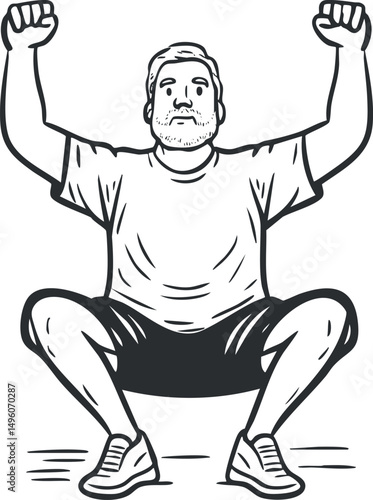 Black and white illustration of a man performing a squat exercise wearing casual sportswear and sneakers