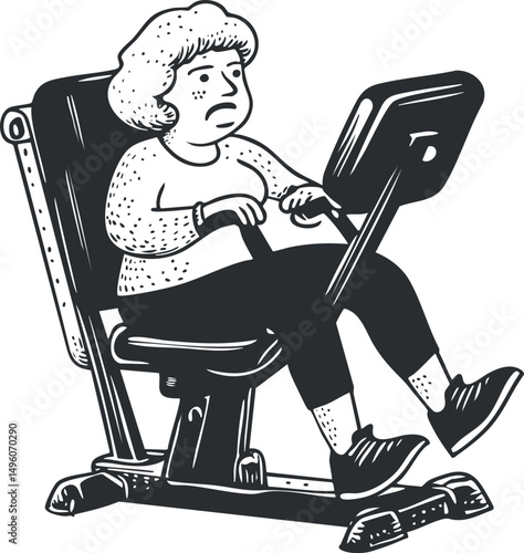Black and white illustration of a woman exercising on a rowing machine in a gym setting.