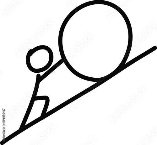 Minimalist Line Art of a Person Pushing a Giant Boulder Uphill - Symbol of Struggle and Persistence