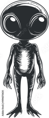 Black and white illustration of a humanoid alien creature with large eyes and elongated limbs