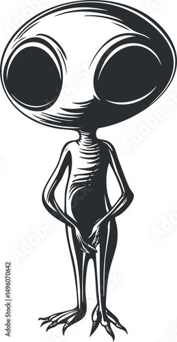 Black and white illustration of a humanoid alien with large eyes and thin limbs standing upright