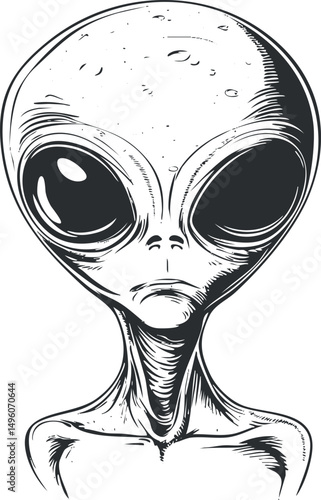 Black and white illustration of a classic alien with a large head and big eyes, mysterious extraterrestrial creature.