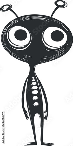 Black and white cartoon illustration of a cute alien character with big eyes and antennae