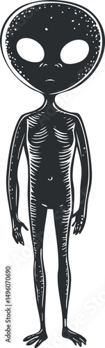 Black and white illustration of a classic extraterrestrial alien figure with large head and eyes