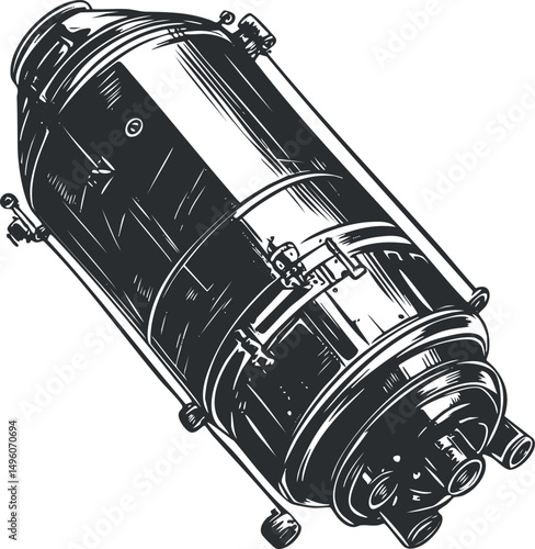 Detailed black and white illustration of a vintage reflecting telescope used for astronomy and space observation.