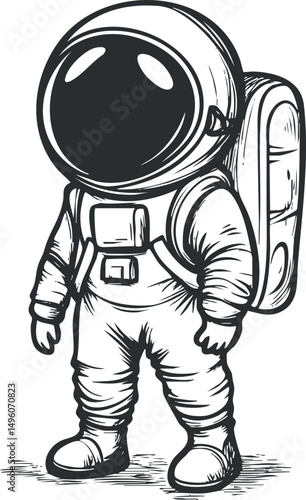 Black and white sketch of an astronaut in a spacesuit with helmet and backpack standing ready for space exploration.