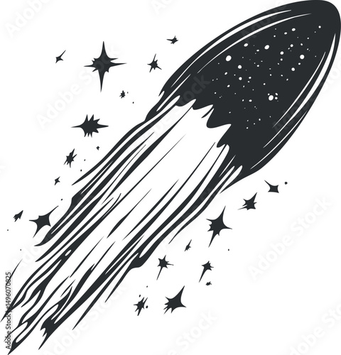 Black and white illustration of a comet with stars and a long glowing trail in outer space