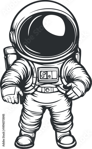 Black and white vector illustration of an astronaut wearing a spacesuit and helmet standing in full view.